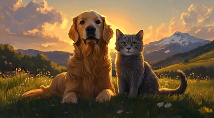 Golden Retriever and Grey Cat Sunset Meadow Landscape Painting