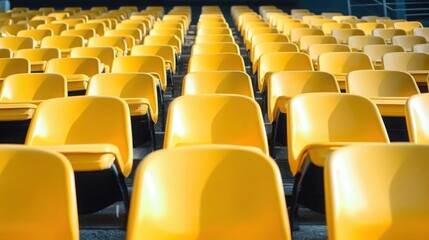 Fototapeta premium yellow tribunes. seats of tribune on sport stadium. empty outdoor arena. concept of fans. chairs for audience. cultural environment concept. color and symmetry. empty seats. modern stadium