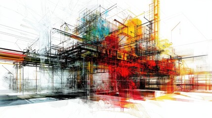 Abstract digital artwork depicting a vibrant, chaotic cityscape with colorful structures and lines