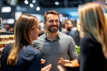 A group of smiling people standing and talking at a booth, looking at a product.
