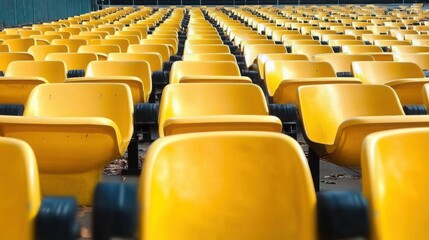 Obraz premium yellow tribunes. seats of tribune on sport stadium. empty outdoor arena. concept of fans. chairs for audience. cultural environment concept. color and symmetry. empty seats. modern stadium