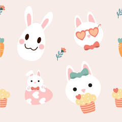 Seamless pattern cute easter rabbits with eggs and flowers, color pastel.