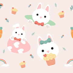 Obraz premium Seamless pattern cute easter rabbits with eggs and flowers, color pastel.