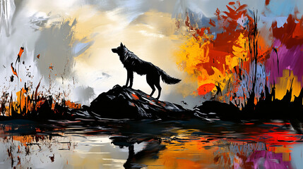 lone wolf stands majestically on rocky cliff, surrounded by vibrant autumn colors reflecting in water. scene evokes sense of solitude and strength
