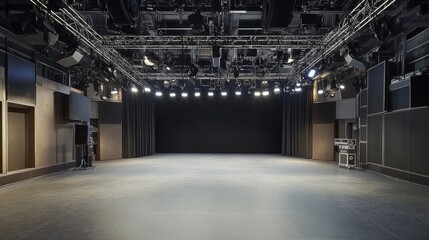 A dramatic empty stage with overhead lighting rigs and sleek sound equipment, ready for a professional event.