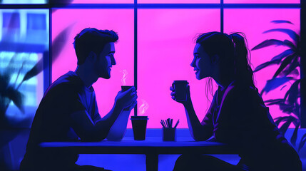 Two coworkers enjoying coffee together during a break, discussing their favorite movies and plans for the weekend.