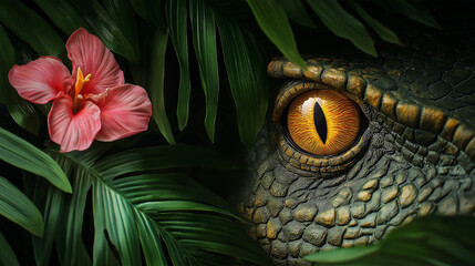 dinosaur's eye in the tropical foliage
