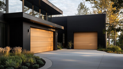 Minimalist Barndominium Home with Oak Garage Doors