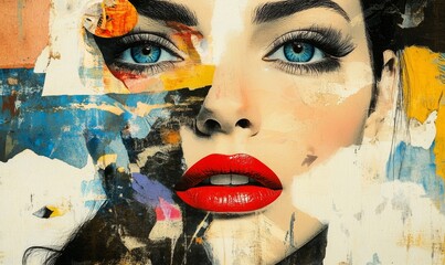 Modern Pop Art Collage Portrait of Young Woman with Blue Eyes and Red Lips, Retro Contemporary Abstract Poster with Mixed Media Elements, Generative AI