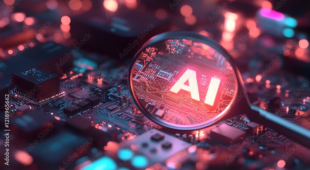 Aufkleber a magnifying glass highlights an advanced chip, representing future technology and symbolizing advan