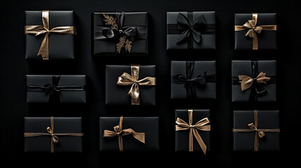 Elegant Black Gift Boxes Gold Ribbons Luxury Presents Holiday Decor Festive Packaging Design Top New