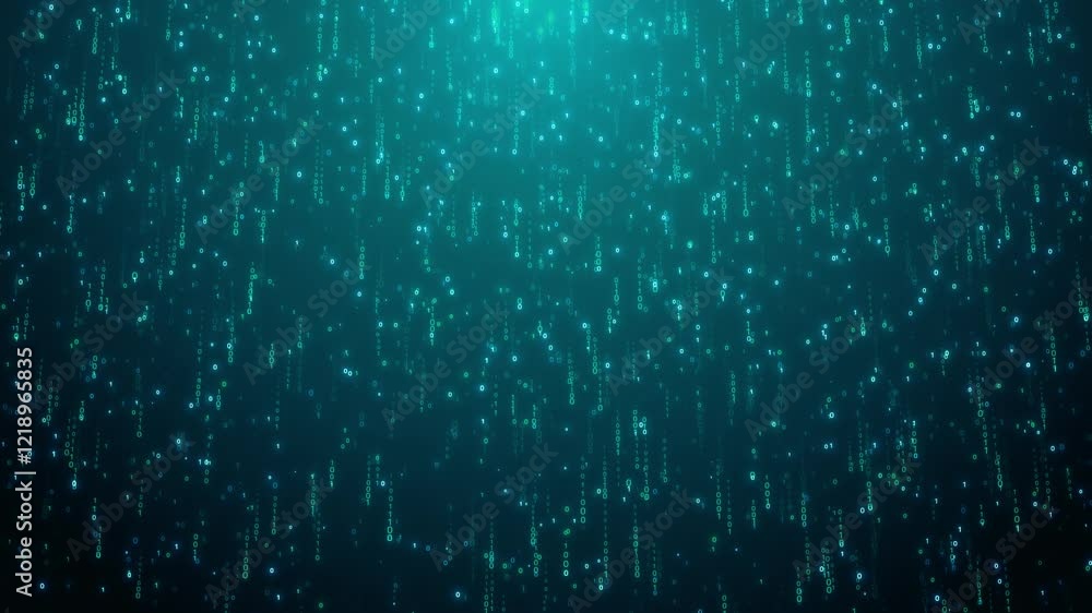 Poster futuristic digital matrix code background with falling blue particles