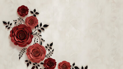 3D paper-cut design featuring red roses with black accents on a beige backdrop. Saint Valentine Day. The composition provides an ideal frame for romantic greetings or festive promotions