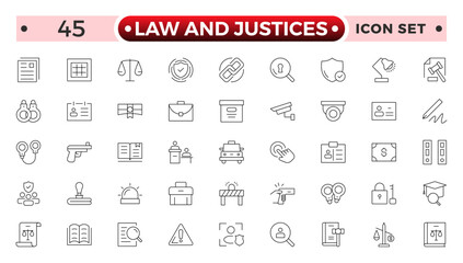 law and Justices icon set such as thin line divorce, protection law, diplopy, law enforcement, firm, police badge, services icons for report, presentation, diagram justice set.
