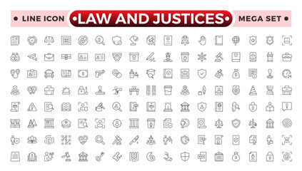 law and Justices icon set such as thin line divorce, protection law, diplopy, law enforcement, firm, police badge, services icons for report, presentation, diagram justice set.