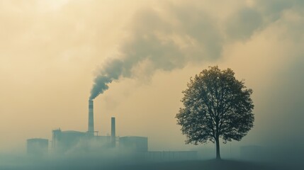 Obraz premium A lone tree surrounded by dense industrial smog, fading into the background, environmental decay, and air quality concept.