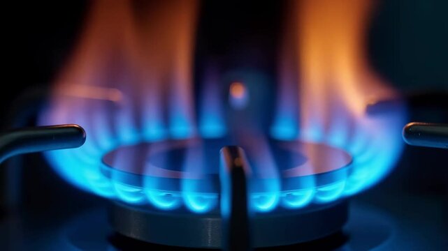 Close-Up of a Natural Gas Burner Flame in an Elegant Kitchen, Showcasing Bright Blue and Orange Flames During Cooking Process
