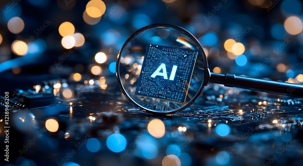 Aufkleber a magnifying glass highlights an advanced chip, representing future technology and symbolizing advan