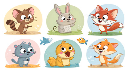 Naklejka premium Set of animals isolate on transparent background character fun sticker heart shape icon symbol friendship love - emotion portrait smiling 