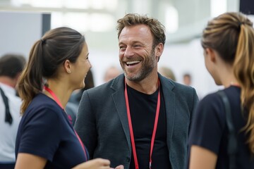 A group of smiling people standing and talking at a booth, looking at a product.