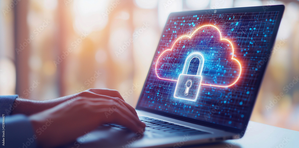 Poster person using laptop with digital padlock and cloud symbol, representing cybersecurity and data prote