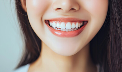 Obraz premium A smiling woman showcases her bright, healthy teeth, radiating joy and confidence.