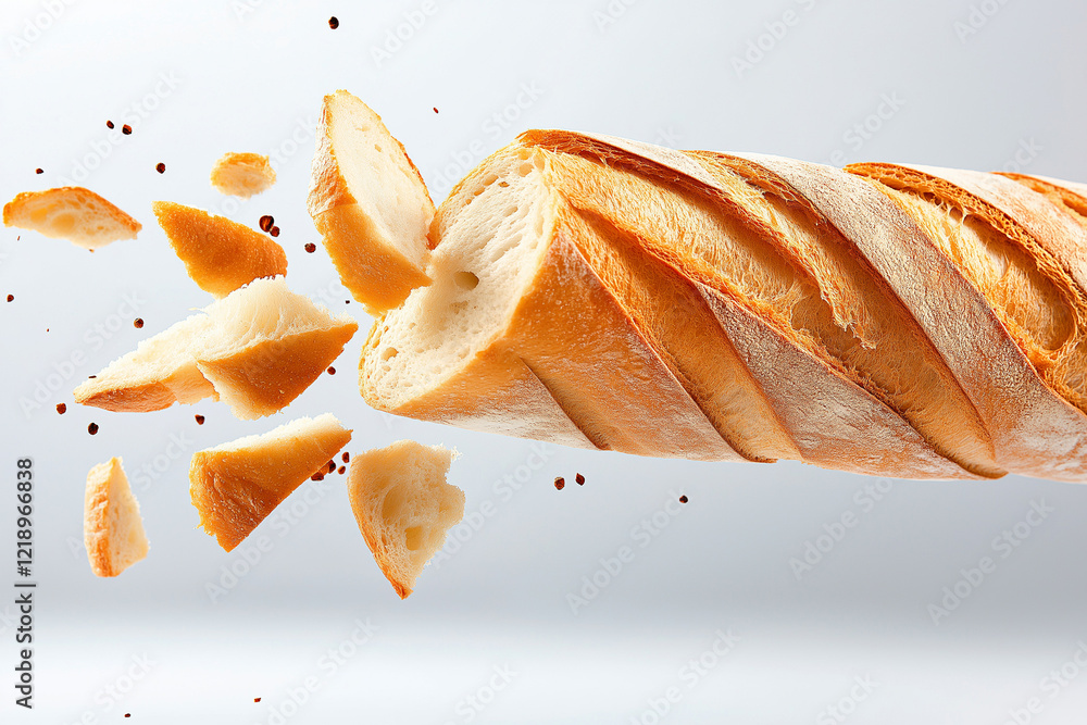 Poster sliced baguette floating in air with crumbs scattered around, showcasing its fresh texture and golde