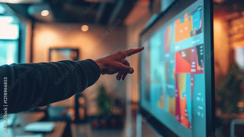 Poster hand interacting with colorful data visualization screen modern business technology digital