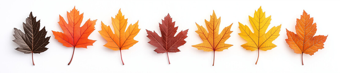 Fototapeta premium set of maple leaves in various shades and shapes, showcasing beauty of autumn colors. leaves range from deep brown to vibrant yellow, creating stunning visual display