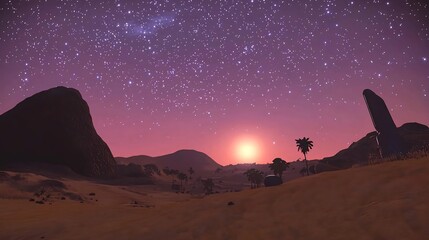 Fototapeta premium Alien desert sunset, starry sky, dunes, rocks, palm trees; sci-fi background