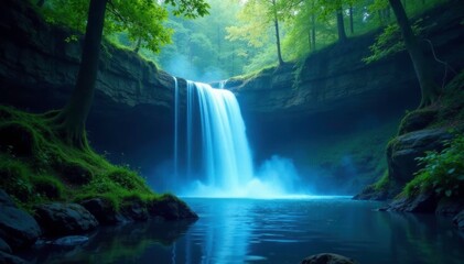 Fototapeta premium A glowing blue aura surrounds an ethereal waterfall in the woods, natural, mystical, peaceful