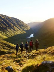 Obraz premium A group of hikers traverses a scenic valley, illuminated by the golden glow of sunset, surrounded by lush green hills and a serene river.