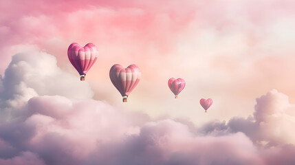 Obraz premium A whimsical Valentines scene with heart-shaped hot air balloons floating in the sky