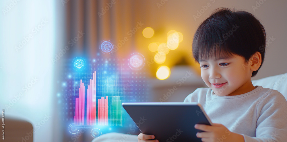 Poster young boy is happily using tablet, engaging with colorful digital graphs and data visualizations. wa