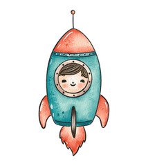 Watercolor illustration of a colorful children rocket for space-themed decor and crafts