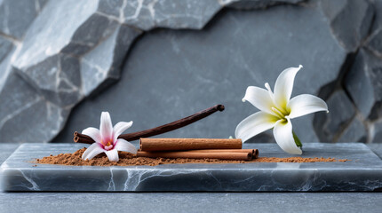 Natural Spa Commercial Banner Featuring Cinnamon Roll Grey Marble and Vanilla Flower for Ultimate Relaxation and Calm Beauty Poster Mockup