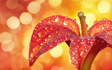 A vibrant close-up of a red flower with dewdrops on its petals, set against a warm, golden bokeh background.
