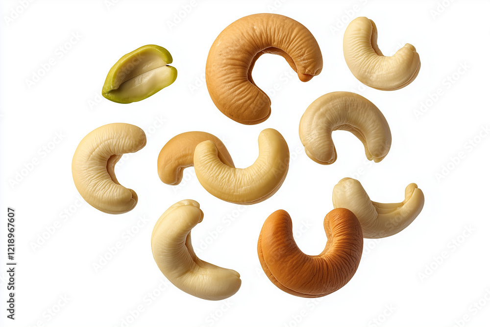 Poster Cashew nuts in various colors and shapes floating in air, isolated on white background, create vibrant and dynamic visual. assortment showcases unique textures and forms of these delicious nuts