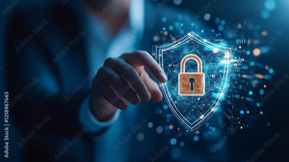 Poster businessman interacting with virtual security shield, symbolizing cybersecurity and data protection.