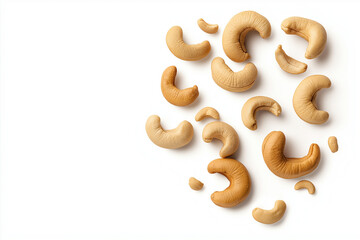 Cashew nuts scattered on white background, showcasing their unique shapes and textures. These delicious nuts are perfect for snacking or adding to various dishes