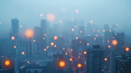 Fototapeta premium Airborne PM2.5 particles illustrated as glowing orbs in a polluted cityscape, artistic visualization of air quality issues.