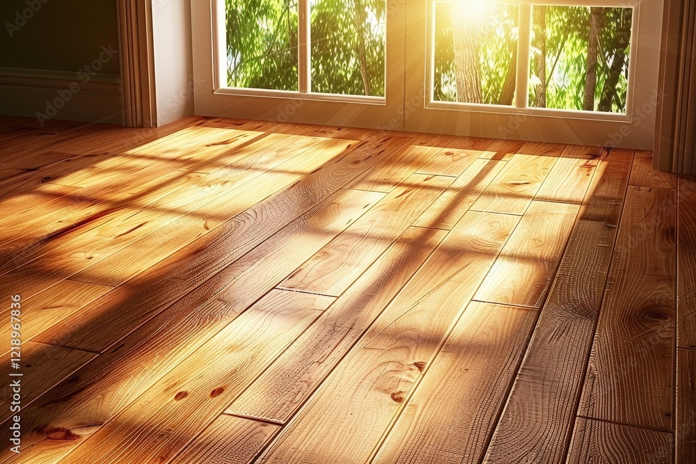 Poster a sunlit wooden floor with shadows cast from a window, surrounded by greenery, creating a warm and i