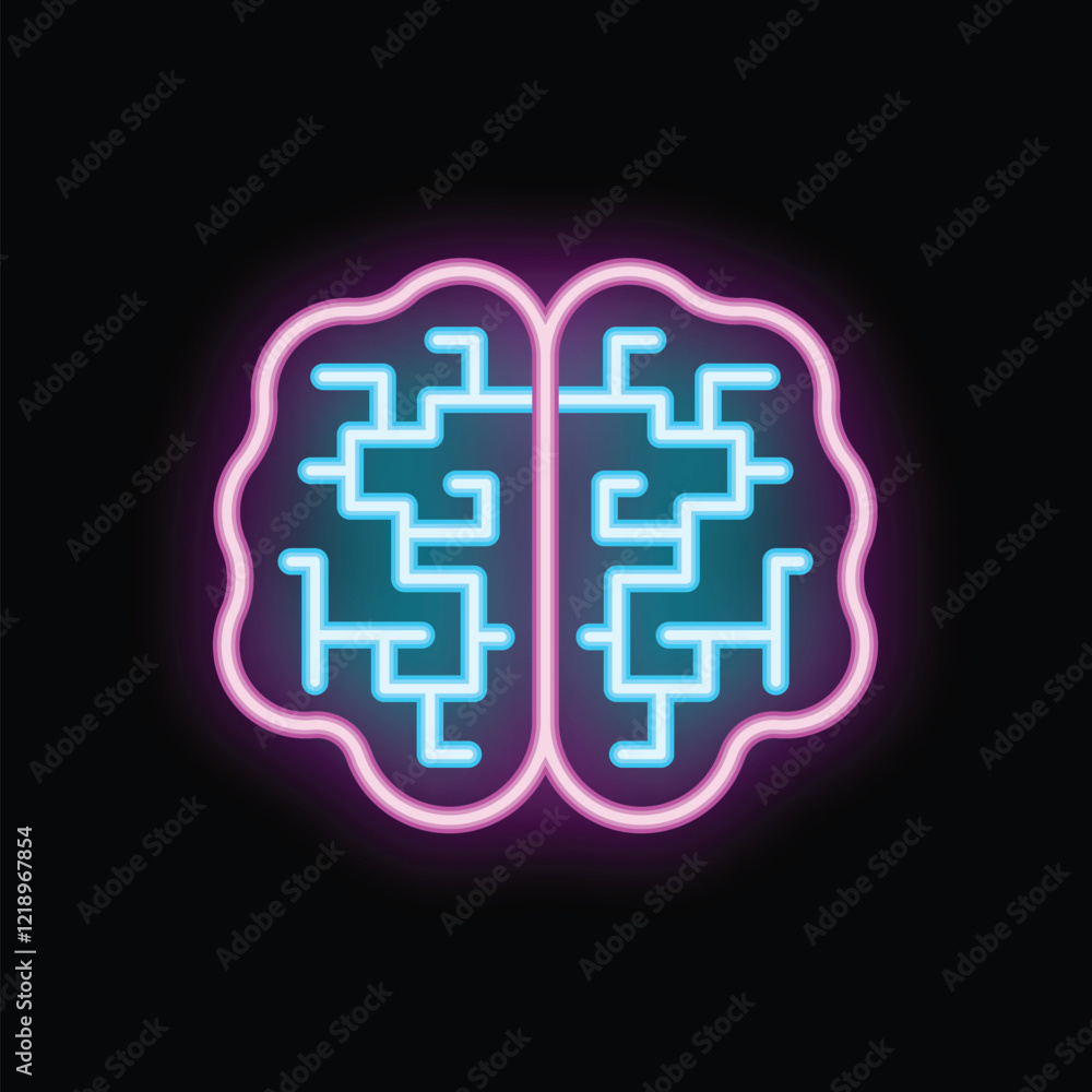 Poster neon brain with a maze inside representing the concept of problem solving