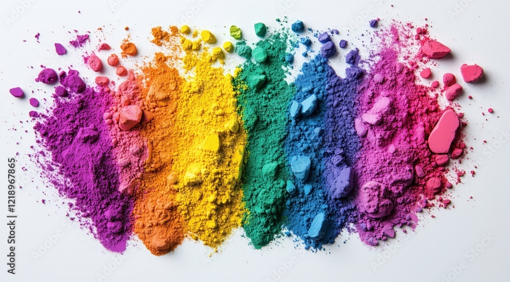 Poster rainbow pigment powder swatch: a vibrant spectrum of crushed pigment powders arranged in a rainbow p