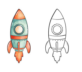 Watercolor illustration of a colorful children rocket for space-themed decor and crafts