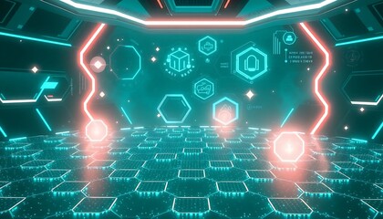 A sleek sci-fi interface with glowing hexagonal grids in teal and white, overlaid with faint holographic textures and floating digital icons