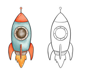 Watercolor illustration of a colorful children rocket for space-themed decor and crafts