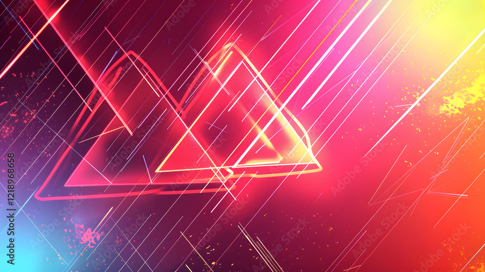 Poster dynamic abstract composition featuring neon triangles and linear streaks over a radiant gradient bac