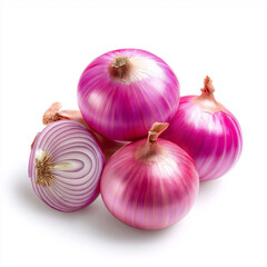 Fresh red onions stacked together, showcasing their vibrant purple skin and unique layers. Perfect for culinary use or as decorative element in food photography