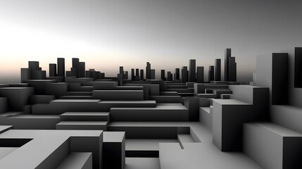 Abstract Monochrome Cityscape- Geometric Blocks and Skyline